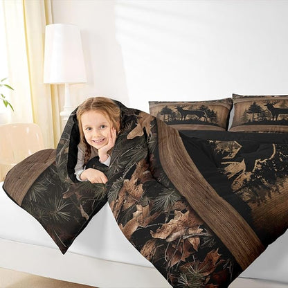 Erosebridal Farmhouse Deer Twin Comforter SetCamo Woodland Hunting Bedding Set Rustic Cabin Comforter for Boys Teen Men,Wildlife Animal Print Quilt Duvet