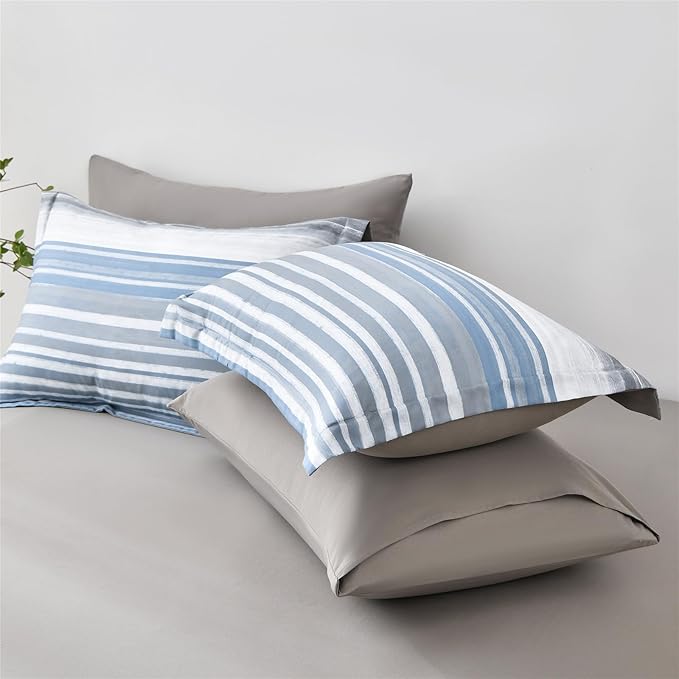 KAKIJUMN 7 Piece Bed in a Bag Stripe Comforter Set King Size, White Grey Blue Patchwork Striped Comforter and Sheet Set, All Season Soft Microfiber Complete Bedding Set(Light Blue,King)