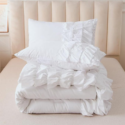 Holawakaka White Waterfall Ruffle Comforter Set Queen Size Multi-Layers Ruffled Shabby Chic 3PCS Bedding Set for Girls Women, White Queen