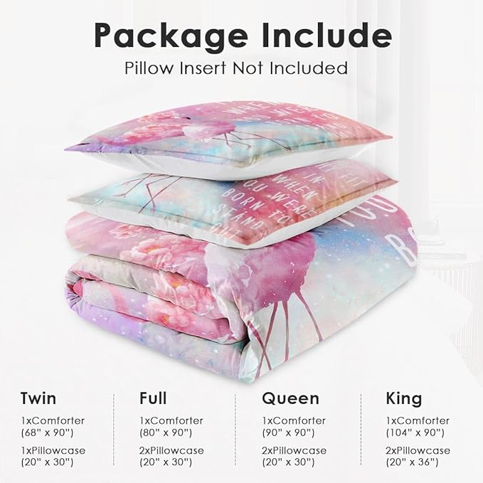 Queen Size Comforter Set with 2 Pillowcases, Pink Summer Flamingo Flower 3 Pcs Bedding for Kids and Adults, Rainbow Colorful Animal Soft Comforter Set for Bedroom Bed Decor