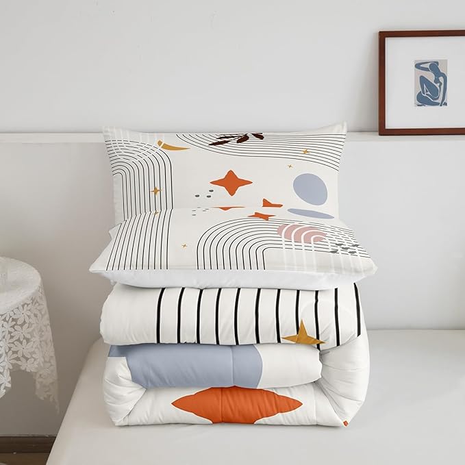 Erosebridal Abstract Red Sun Comforter Set Twin Geometric Lines Bedding Set, Aesthetic Bedding Comforter Sets Vintage Minimalist Duvet, Modern Quilted Comforter Luxury Grey Circle Room Decoration