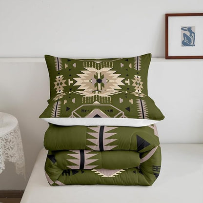 American Tribal Comforter Set Full Size Southwest Cowboy Style Bedding Set 3pcs Retro Green Microfiber Quilt Set for Kids Teens Boys Women Room Decor Geometric Arrow Duvet Insert,2 Pillowcases