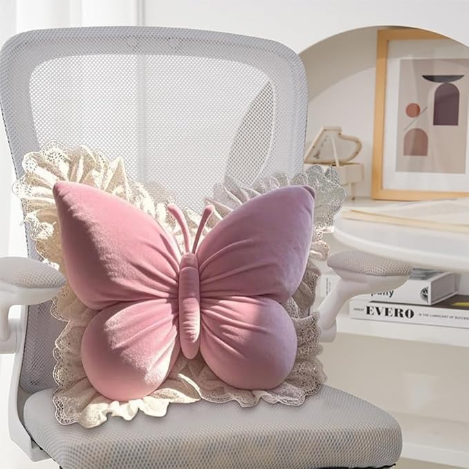 Butterfly Throw Pillow, Butterfly Shaped Decorative Pillow for Sofa Couch Bed, Plush Velvet Lumbar Support Cushion for Office Chair & Car Seat (Pink)