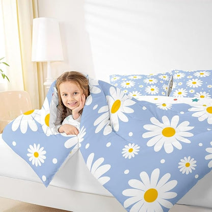 Erosebridal Blue Daisy Twin Bedding Set for Girls,Cute Cartoon Flower Comforter Set Rustic Daisy Floral Comforter Watercolor Flowers Duvet Insert for Kids Teen Adults Room Decor