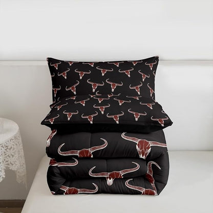 Erosebridal Bull Skull Comforter Set Toddler Ethnic Bohemian Bedding for Men Boys | Tribal Steer Skull Wildlife Aztec Bedroom Decor Farmhouse Cabin Lodge Duvet Insert with 1 Pillow Case,Black Red