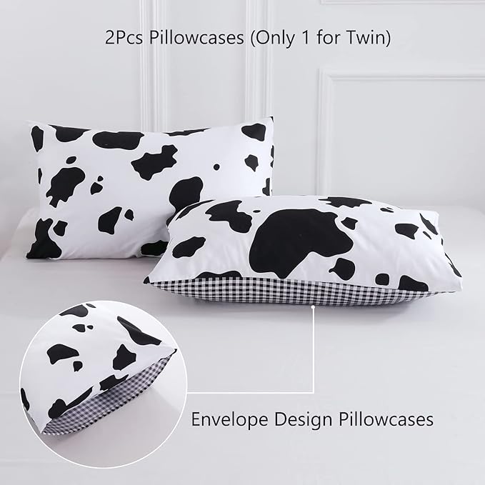 PERFEMET Cow Print Full Comforter Set Boys 3 Piece Cartoon Milk Bedding Set Cowhide Bed Set Reversible Plaid Teen Girls Bed Sets with Pillowcases (Full, Black and White)