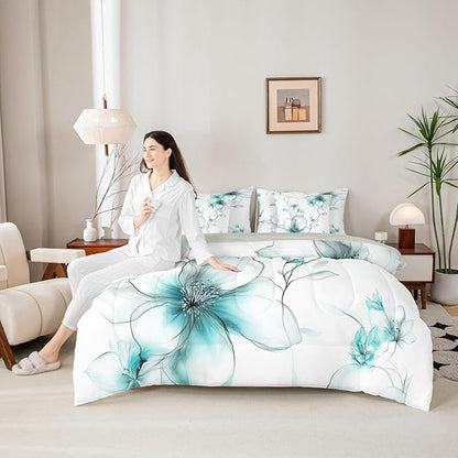 Erosebridal Boho Flower Twin Comforter Set with Sheets, Teal Floral 7 Pcs Bedding Set, Ink Painting Style Blossom & Leaf Bed in A Bag, Chic Watercolor Floral Elegant Bed Sets for Women Girls Adults