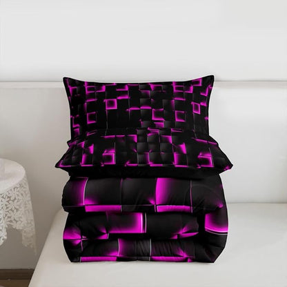 Erosebridal Neon Black Purple Comforter Set Toddler Violet Geometric Checkered Bedding Set for Kids Teen Adults Gaming Room Decor,Abstract Ombre Plaid Comforter Grids Quilt Duvet