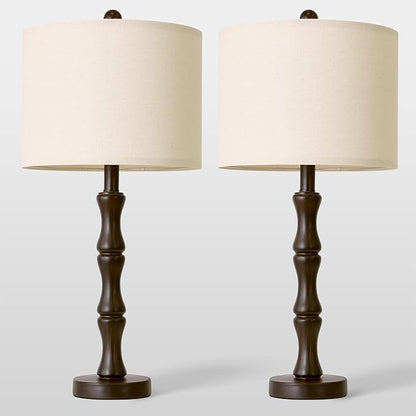 BOBOMOMO 25" Classic Table Lamps Set of 2, Farmhouse Nightstand Lamps with Dark Brown Resin Base & Linen Shade, Standard Table Lamps for Bedroom, Living Room, Hallway & House Décor