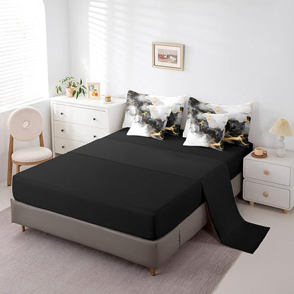 Black and Gold Bedding Comforter Sets 7 Pieces Watercolor Marble Bed in a Bag, Abstract Marbling Twin Bedding Sets Stone Pattern Comforter Set, Mountain Fluid Foil Print Bedding Sets & Collections