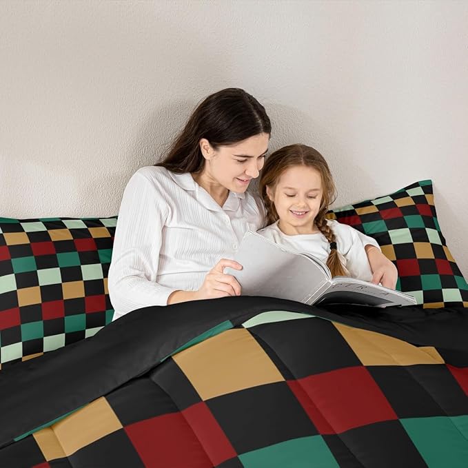 Checkered Retro Comforter Set Twin Size Green Red Yellow Plaid Bedding Set for Kids Boys Girls Geometric Vintage Duvet Quilt Modern Simple Groovy Aesthetic Bedroom Decor 2 Pcs with 1 Pillow Cases