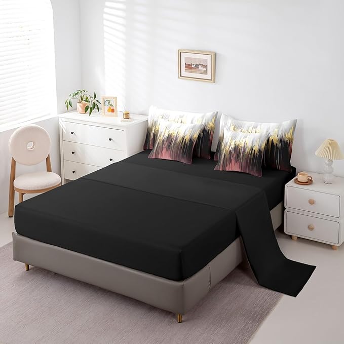 Burgundy Red Bed in a Bag 7-Piece Gradient Stripe Bedding Set Modern Oil Painting Graffiti Twin Size Comforter Set Watercolor Abstract Artwork Bedding Comforter Sets, Aesthetic Metallic Golden Bed Set