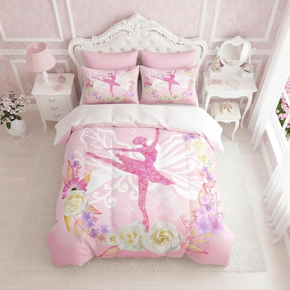 Pink Ballerina Girls Comforter Set Twin Size Kids Priness Floral Bedding Set with 1 Pillowcase, Suitable for Children Bedroom Decor, 68'' x86''