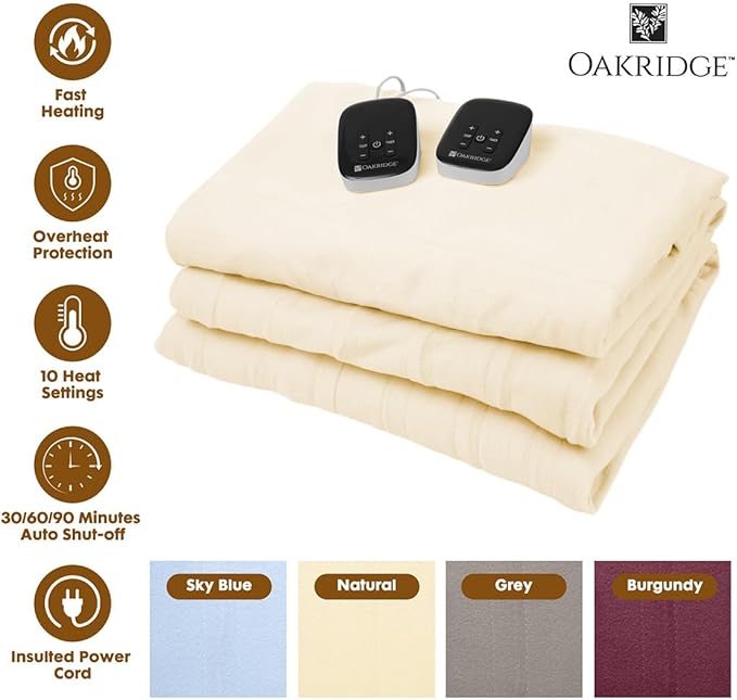OakRidge Digital Comfort Fleece Heated Queen Blanket - Natural, 100% Polyester, Machine Washable, Oeko-TEX Certified, Perfect for Warm Nights, Controlled Heat Settings
