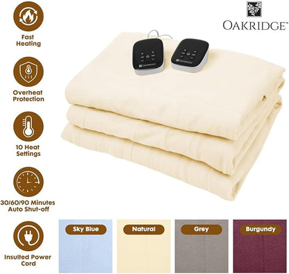 OakRidge Digital Comfort Fleece Heated Queen Blanket - Natural, 100% Polyester, Machine Washable, Oeko-TEX Certified, Perfect for Warm Nights, Controlled Heat Settings