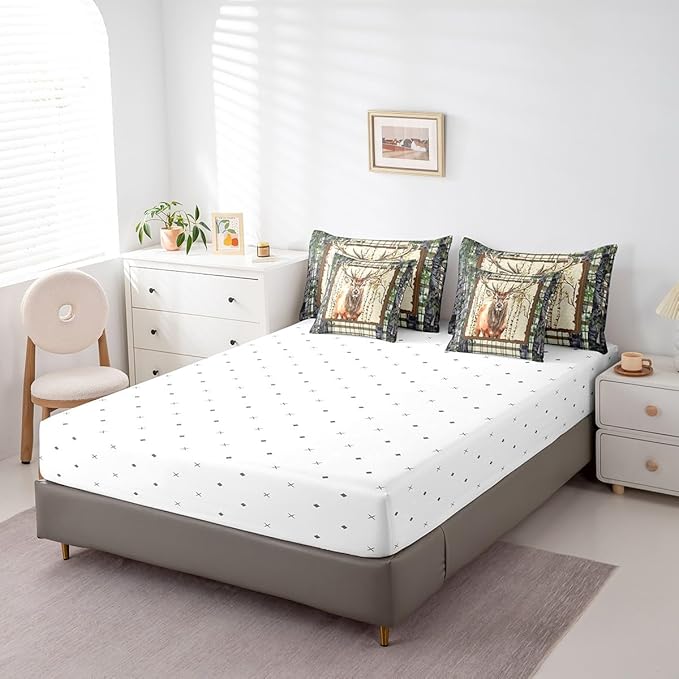 Erosebridal Elk Deer Comforter Set 7 Piece Bed in a Bag Twin,Woodland Animals Bedding Sets Buffalo Plaid Sheet Set with Comforter
