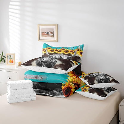 Erosebridal Highland Cow 7 Pcs Comforter Set King (Not Real) Cowhide Bed in a Bag Sunflower Floral Duvet Insert Cow Fur Flat Sheet Rustic Blue Wooden Barn Door Quilt Funny Farm Animals Bedding Set