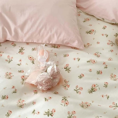 Nayoroom Pink Floral Comforter Set Queen Size Reversible Green Leaf Cottagecore Comforter Girls 3 Pcs Soft Lightweight Aesthetic Bedding Set for All Seasons (1 Comforter, 2 Pillowcases)