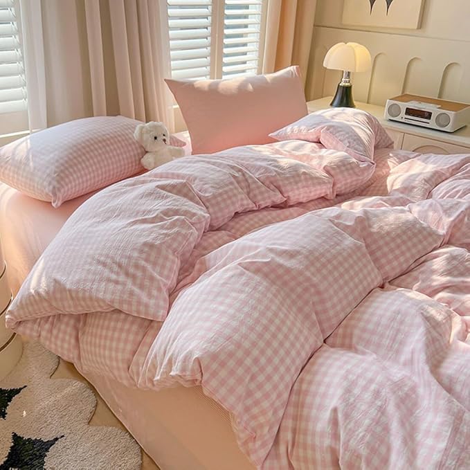 Nayoroom Pink Gingham Comforter Set King Size Plaid Checkered Comforter 3 Pcs Soft Lightweight Grid Farmhouse Dorm Bedding Set for All Seasons (1 Comforter, 2 Pillowcases)