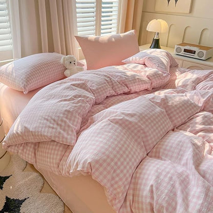Nayoroom Pink Gingham Comforter Set Full Size Plaid Checkered Comforter 3 Pcs Soft Lightweight Grid Farmhouse Dorm Bedding Set for All Seasons (1 Comforter, 2 Pillowcases)