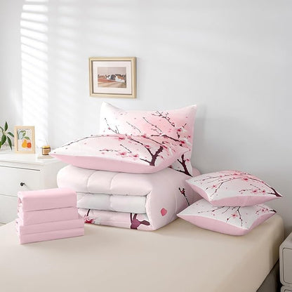 Feelyou Cherry Blossom Comforter Set King Size 7 Pcs Girls Sakura Floral Comforter Bed in a Bag Japanese Style Flower Bedding Set for Women Pink White Bed Set with Sheets, Pillowcases, Pillow Covers