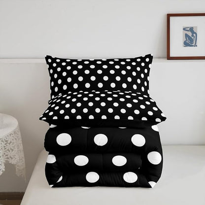 Manfei Polka Dots Comforter Set Full Size,Cartoon French Style Dots Black White Bedding Set for Child Young,Modern Geometric Circles Abstract Simple Art Comforter,3 Pcs 2 Pillowcases