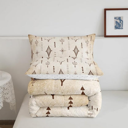 Feelyou Western Bull Skull Comforter Set Boho Ethnic Horns Bedding Set Queen Size Kids Adult Black Brown Tribal Symbol Mysterious Aztec Comforter