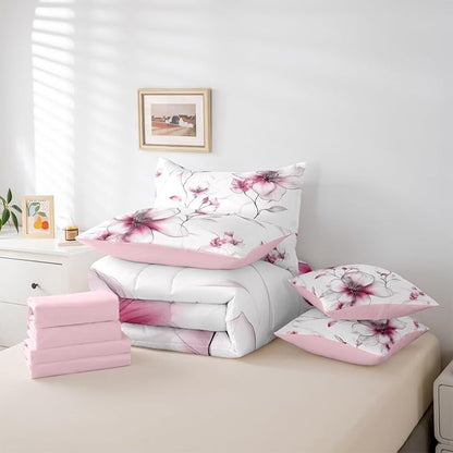 Erosebridal Pink Floral 7 Pcs Bedding Set Twin, Elegant Boho Flower Comforter Set with Sheets for Young Women Adults Girls, Watercolor Flower Bed in A Bag, Ink Painting Style Blossom & Leaf Bed Sets