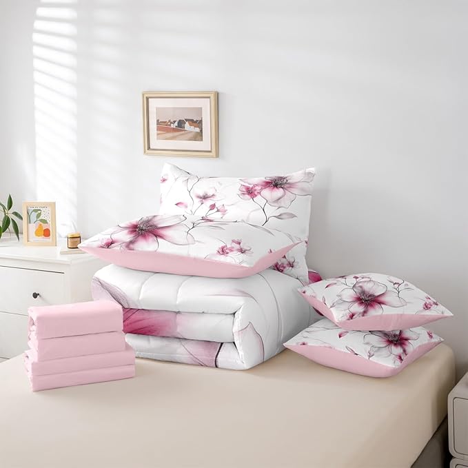 Erosebridal Pink Flower Comforter Set with Sheets Full, Elegant Boho Floral 7 Pcs Bedding Set for Young Women Adults Girls, Watercolor Flower Bed Sets, Ink Painting Style Blossom & Leaf Bed in A Bag