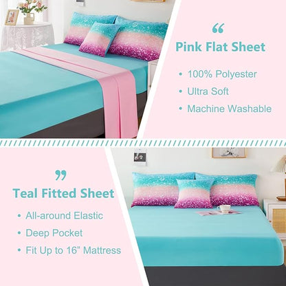 PERFEMET Queen Comforter Set with Sheets, 6 Pieces Tie Dye Rainbow Girls Bedding Set, Gradient Glitter Colorful Ombre Bed in A Bag (Aqua Teal Purple, Queen)