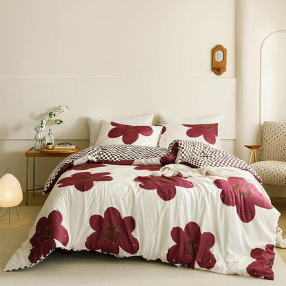 CLOTHKNOW Burgundy Floral King Size Comforter Set Sunflower Bedding Comforter Sets Soft Brown Plaid Comforter with 2 x Pillow Cases
