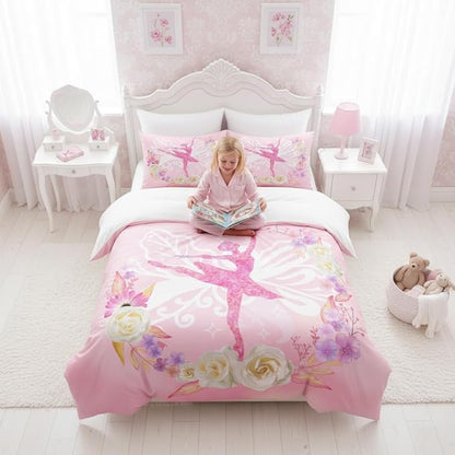 Ballet Girls Comforter Set King Size, Pink Floral Soft Bedding Set with 2 Pillowcases, Great Bedroom Decor/104 * 90
