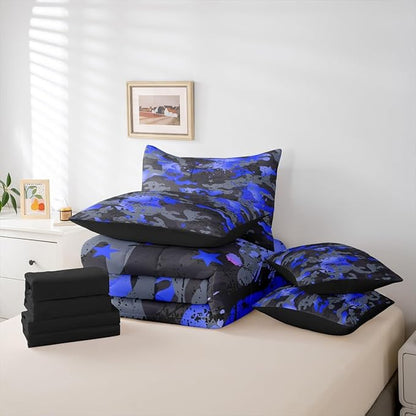 Erosebridal Stars King Comforter Set Graffiti 7-Piece Bed in A Bag Ink Splash Camouflage Watercolor Sheets and Pillowcases Grey Blue Bed Sets