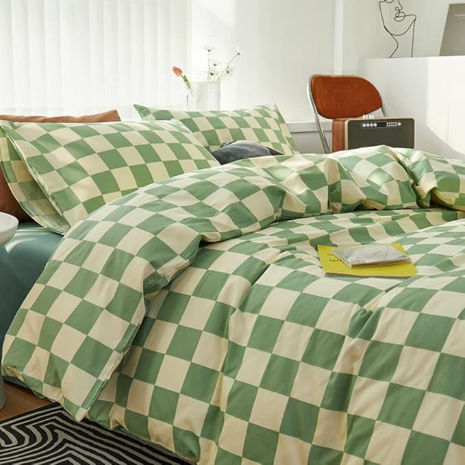 CLOTHKNOW Green White Plaid California King Comforter Set Grid Bedding Comforter Sets Checker Comforter with 2 x Pillow Cases