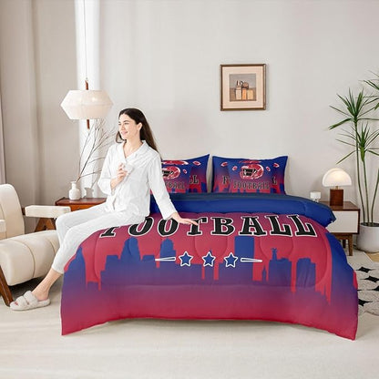 Erosebridal Football Queen Comforter Set with Sheets for Boys Girls,American Sports Rugby 7 Pcs Bedding Set for Kids Teen Adults,Ball Sports Games Bed in A Bag Football City Bed Set