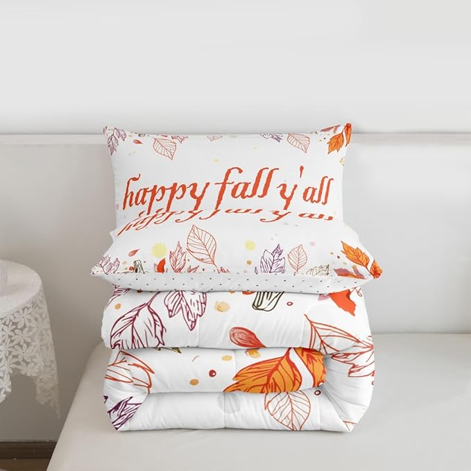 Watercolor Fall Pumpkin Comforter Set Twin,Happy Harvest Thanksgiving Theme Bedding Set For Kids Adults,Autumn Maple Leaf Botanical Comforterfall Rustic Farmhouse Bed Set 1 Pillow Case Orange