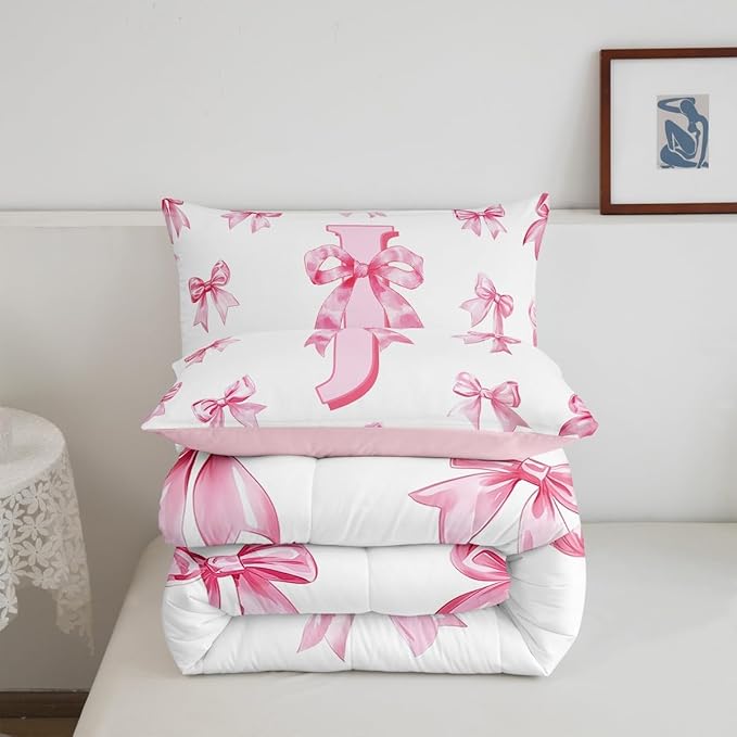 Erosebridal Kawaii Bowknot Girls Bedding Set Dreamy Princess Style Queen Comforter Set for Kids Teen Women,Cute Initial Letter J Bow Bedding Comforter Sets Pink Chic Girly Bed Set Bedroom Decor