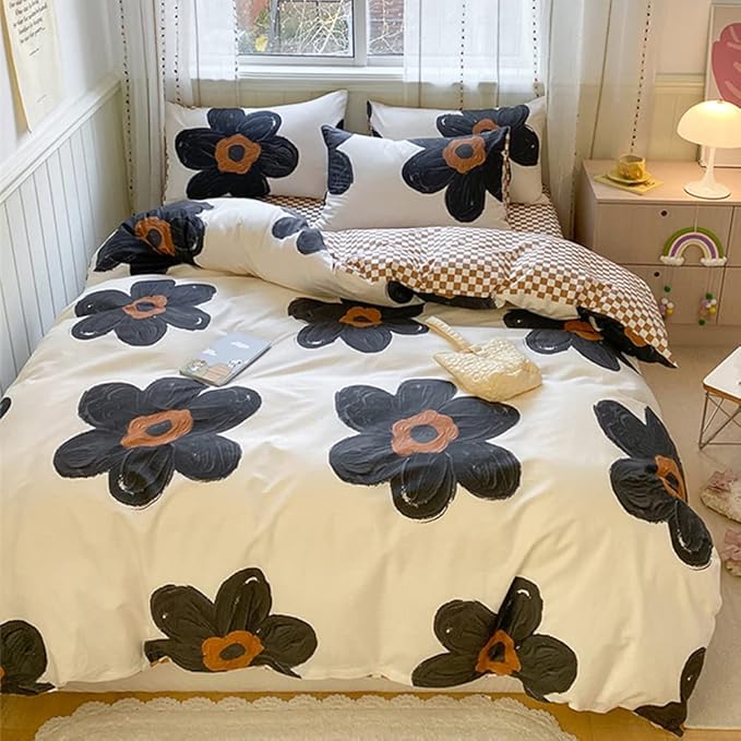 Pureant Black Sunflower Comforter Sets Queen Black and White Floral Bedding Comforters Cotton Women Girls Boho Black Botanical Quilts Large Flower Blankets Garden Adults Teens Bohemian Rustic Bedding