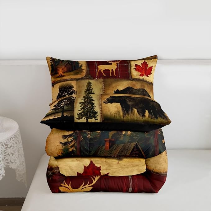 Rustic Farmhouse Bedding Comforter Sets King Size, Retro Cabin Lodge Bedding Sets, Hunting Bear Deer Comforter Set, Country Maple Leaves Duvet Insert, Rustic Woodland Pine Tree Quilt, Red Brown
