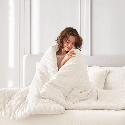 MUXHOMO 5 Pieces Twin Comforter Set, Seersucker Bed in a Bag Twin Size, All Season Luxury Bedding Set with Comforter, Flat Sheet, Fitted Sheet, Pillowcase & Sham, Ivory