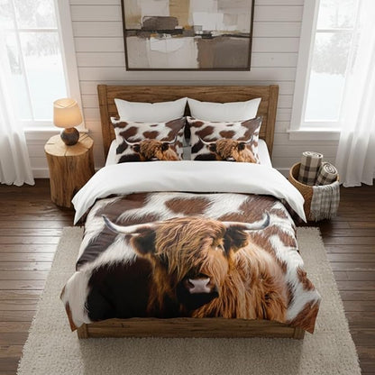 Cow Bedding Comforter Set King Size,Brown Western Qulited Comforter for Adult Men Bedroom Decor,3 Pcs 2 Pillowcases/104 * 90