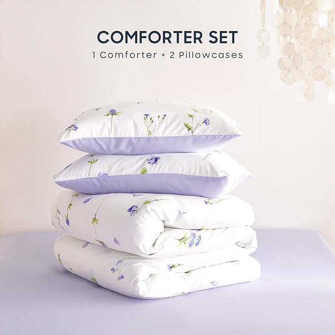 Wake In Cloud - Floral Comforter Set, Cottagecore Cute Aesthetic Watercolor Tiny Flowers and Leaves, Soft Lightweight Bedding for Women Teen Girls, 3 Pieces, Purple, Twin/Twin XL Size