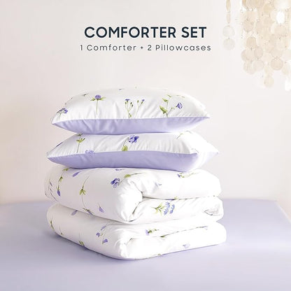 Wake In Cloud - Floral Comforter Set, Cottagecore Cute Aesthetic Watercolor Tiny Flowers and Leaves, Soft Lightweight Bedding for Women Teen Girls, 3 Pieces, Purple, Queen Size