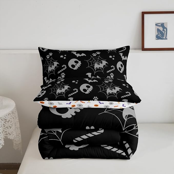 Erosebridal Cute Gray Halloween Bedding Set Full Size Spider Web Skull Bat Comforter Set Spooky Goth Gothic Animal Bed Sets Horror Halloween Duvet Quilt Sets for Kids Teens Adults