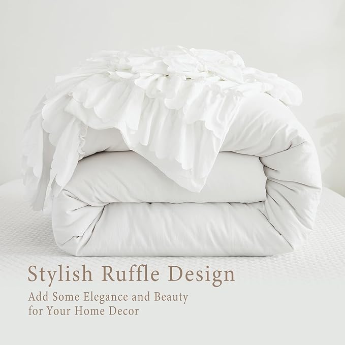 Herside White Ruffle Comforter Set King Size,Shabby Chic Bedding Set Soft Fluffy Boho Comforter Set for All Season,Vintage Bedding Ruffled 3 Pcs Microfiber Lightweight Quilt Set for Women Girls