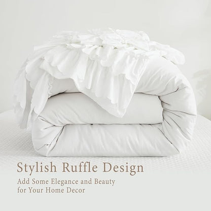 Herside White Ruffle Comforter Set King Size,Shabby Chic Bedding Set Soft Fluffy Boho Comforter Set for All Season,Vintage Bedding Ruffled 3 Pcs Microfiber Lightweight Quilt Set for Women Girls