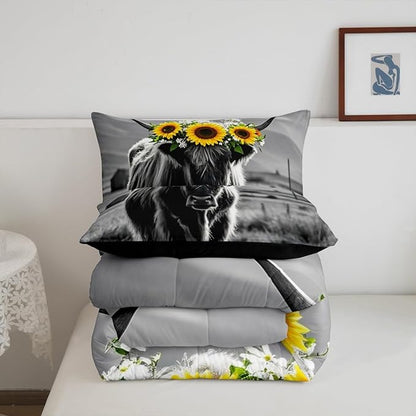 Erosebridal Highland Cow Comforter Set Twin, Longhorn Bull Cattle Bedding Set, Farmhouse Sunflower Floral Quilt, Western Style Farm Animal Bed Set for Kids Adults Bedroom Decor, 1 Pillowcase