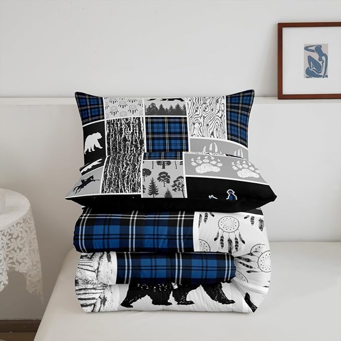 Erosebridal Western Comforter Set King,Bear Horse Cowboy Bedding Set,Royal Blue Buffalo Grid Plaid Quilt,Rustic Famrhouse Duvet Insert Dream Catcher Arrow Decor 3Pcs for Kids Boys Teens Bedroom