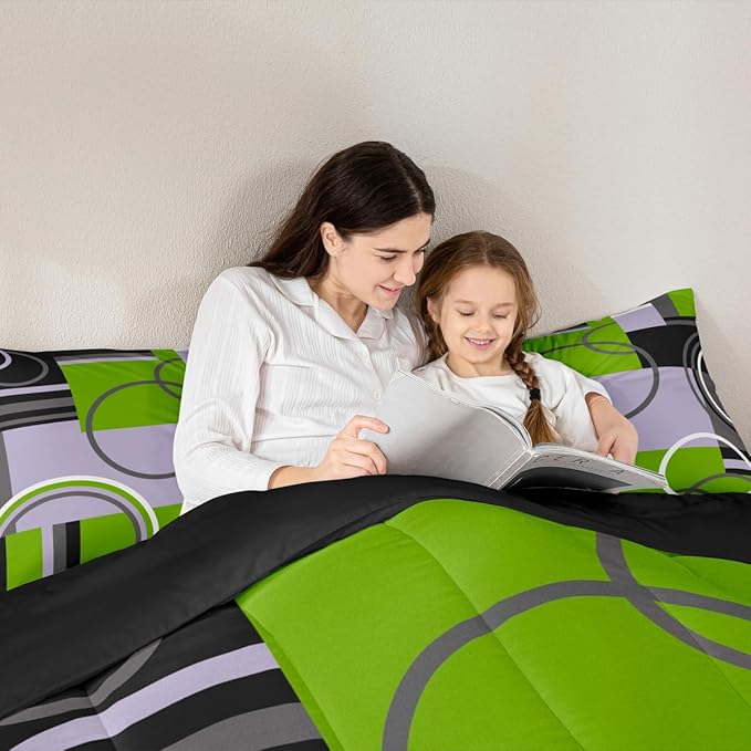 Erosebridal Modern Green Grey Black Comforter Sets Full Abstract Swirls Spiral Bedding Set Stripes Quilt Curved Lines Duvet Insert Stylish Grid Gromment Patchwork Quilted Comforter with 2 Pillowcases