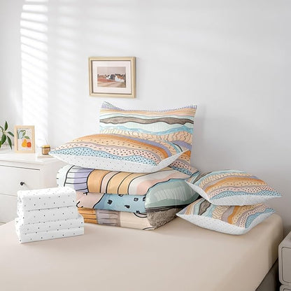 Geometric Wave Bedding Queen Size 7-Piece Girls Pink Beige Blue Comforter Set, Black Polka Dots Bedding Comforter Sets Modern Abstract Art Bed in a Bag, Vintage Minimalist Bedding Accessories